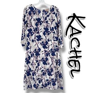Kachel Anthropologie Silk Floral Midi Dress Navy Blue Gray Womens Size 6